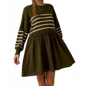 NEW SUNDAY EDITION crew neck mix mini dress in olive-cream stripe